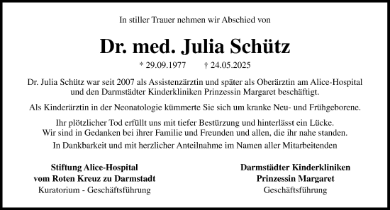 Traueranzeige von Julia Schütz von Darmstädter Echo