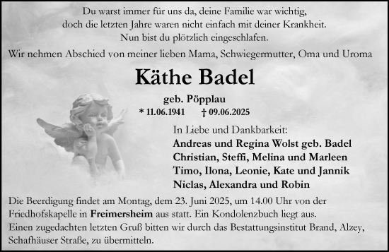 Traueranzeige von Käthe Badel von Allgemeine Zeitung Alzey