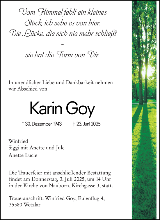 Traueranzeige von Karin Goy von Wetzlarer Neue Zeitung
