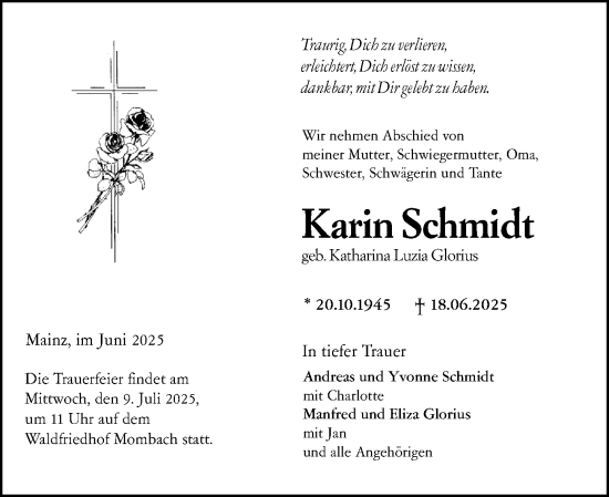 Traueranzeige von Karin Schmidt von Allgemeine Zeitung Mainz