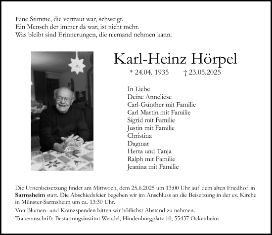 Traueranzeige von Karl-Heinz Hörpel von Allgemeine Zeitung Rheinhessen-Nahe