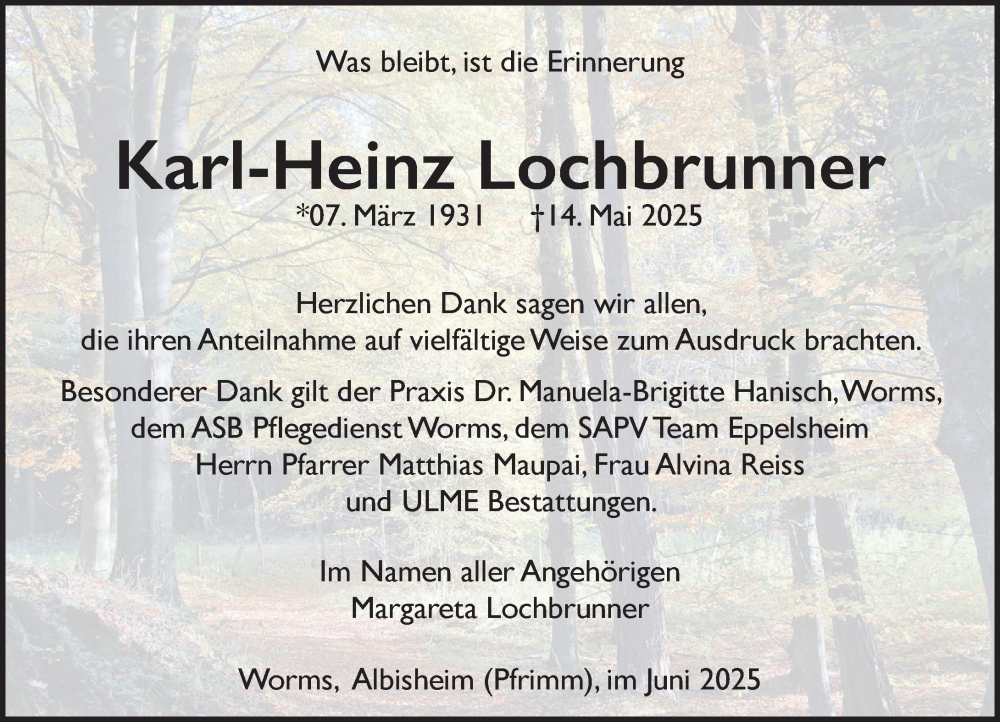  Traueranzeige für Karl-Heinz Lochbrunner vom 21.06.2025 aus Wormser Zeitung
