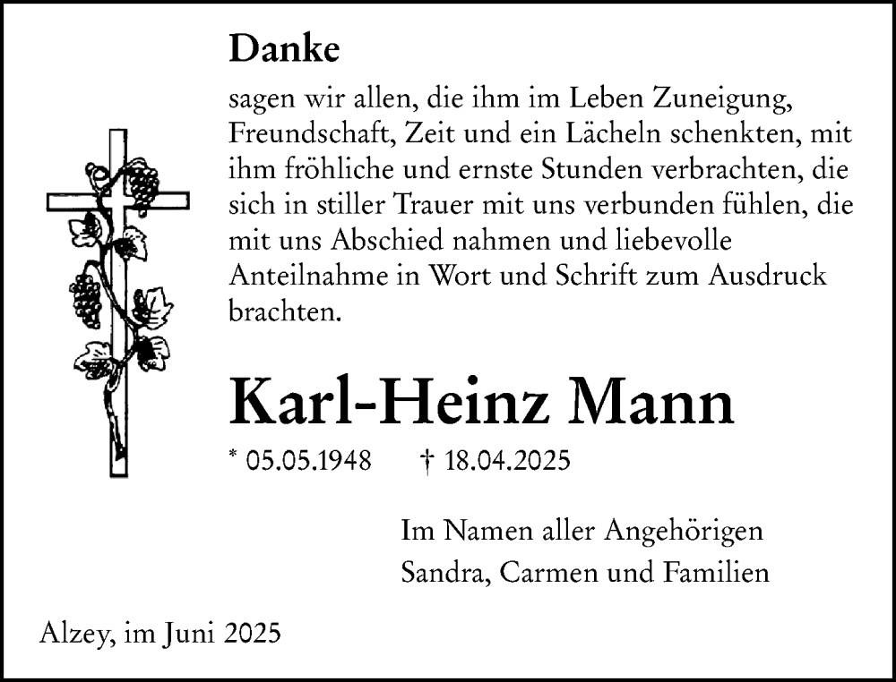  Traueranzeige für Karl-Heinz Mann vom 27.06.2025 aus Allgemeine Zeitung Alzey