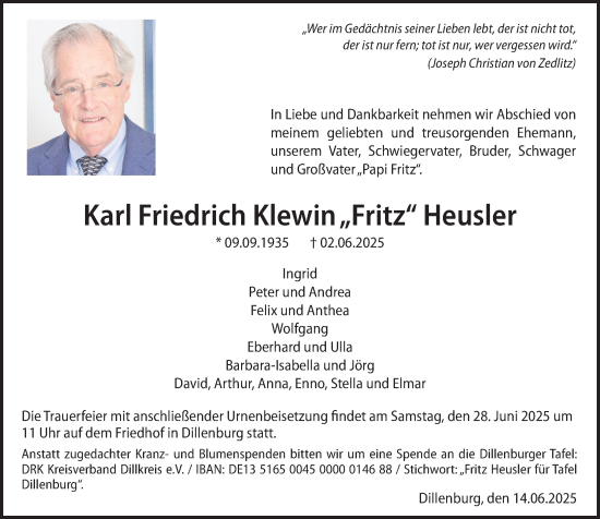 Traueranzeige von Karl Friedrich Klewin Heusler von Dill Block