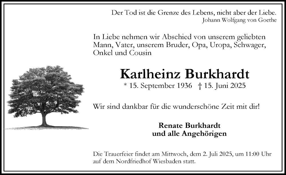  Traueranzeige für Karlheinz Burkhardt vom 28.06.2025 aus Wiesbadener Kurier