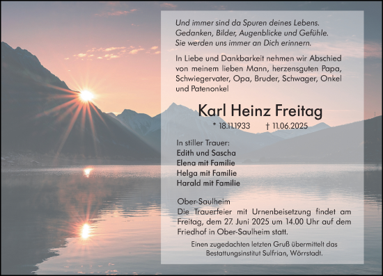 Traueranzeige von Karl Heinz Freitag von Allgemeine Zeitung Mainz