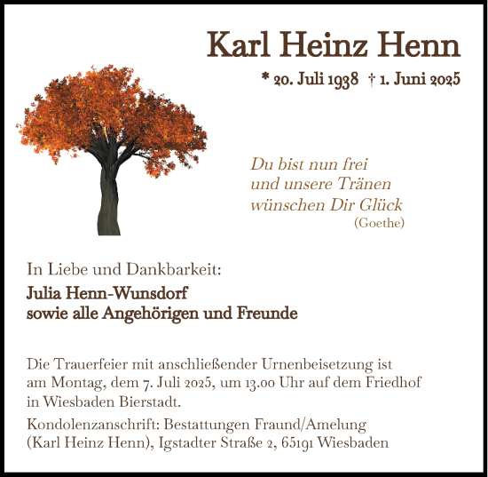 Traueranzeige von Karl Heinz Henn von Wiesbadener Kurier