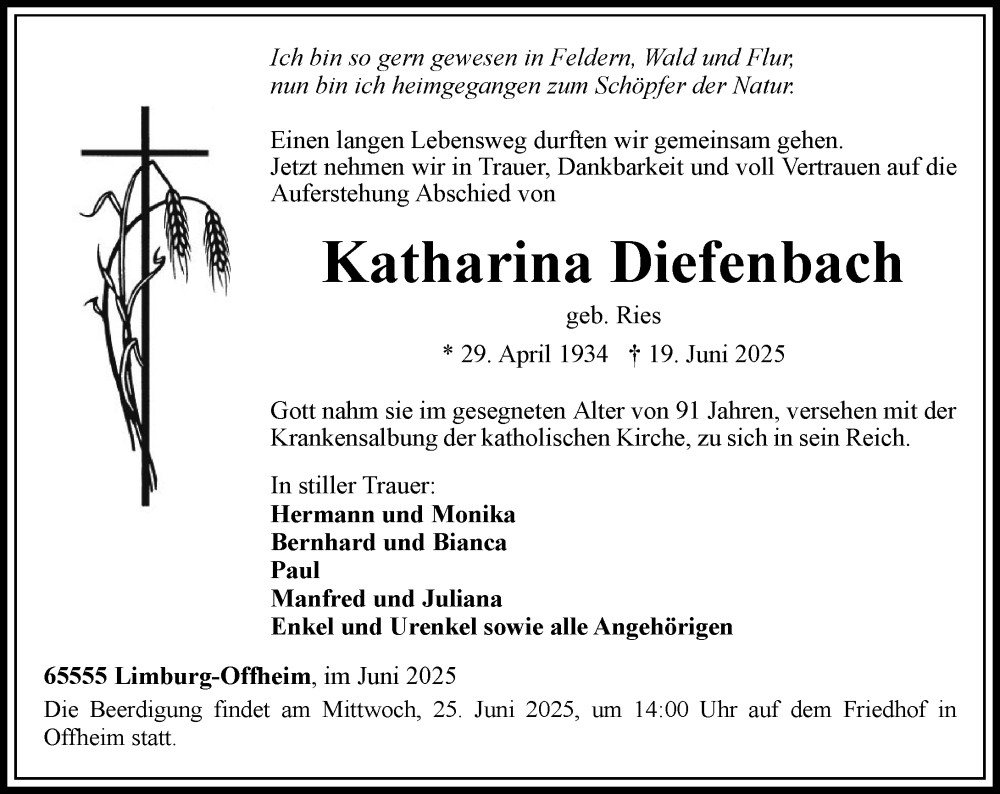  Traueranzeige für Katharina Diefenbach vom 21.06.2025 aus Nassauische Neue Presse
