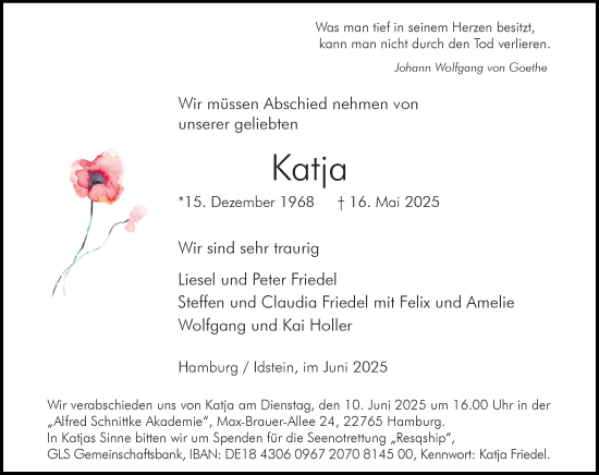 Traueranzeige von Katja Friedel von Wiesbadener Kurier