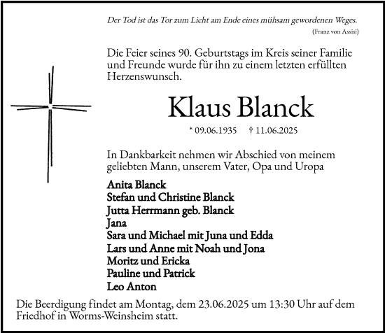 Traueranzeige von Klaus Blanck von Wormser Zeitung