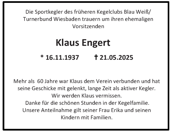 Traueranzeige von Klaus Engert von Wiesbadener Kurier
