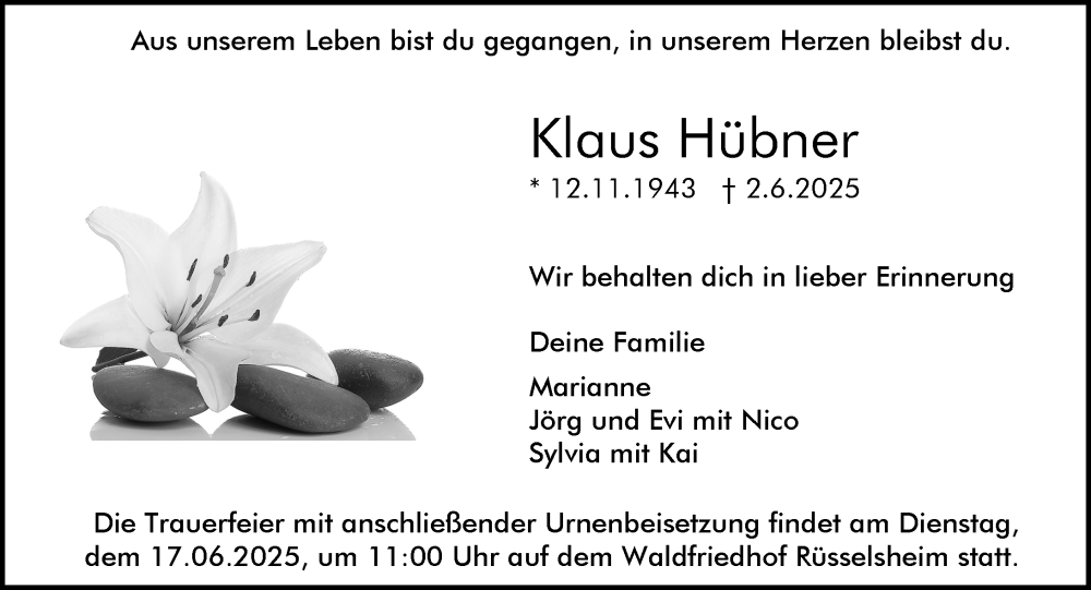  Traueranzeige für Klaus Hübner vom 07.06.2025 aus Rüsselsheimer Echo