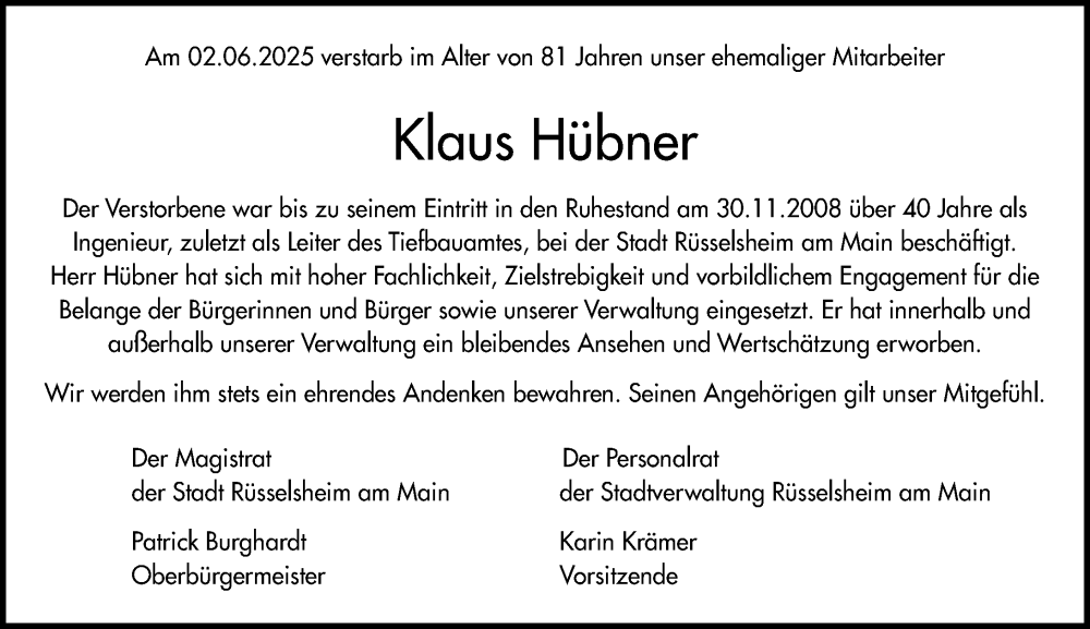  Traueranzeige für Klaus Hübner vom 14.06.2025 aus Rüsselsheimer Echo