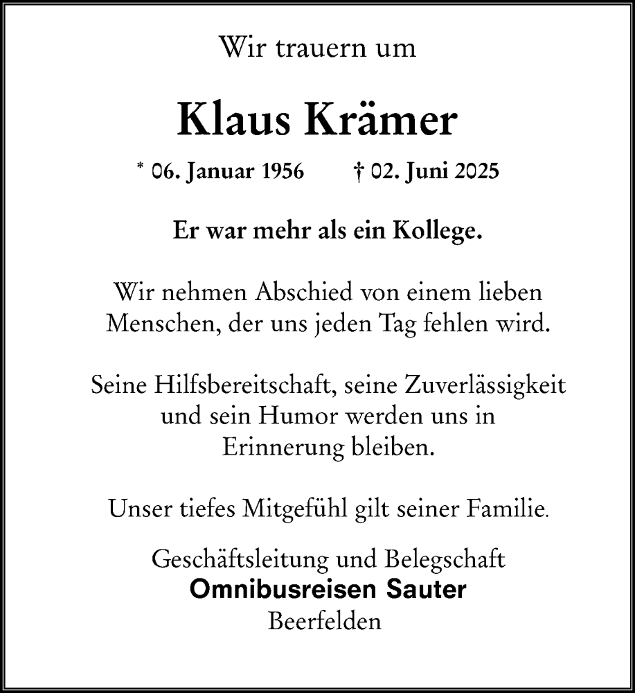  Traueranzeige für Klaus Krämer vom 07.06.2025 aus Odenwälder Echo