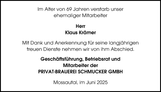 Traueranzeige von Klaus Krämer von Odenwälder Echo