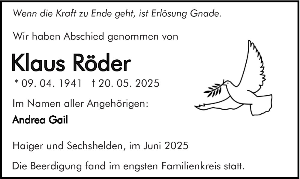  Traueranzeige für Klaus Röder vom 05.06.2025 aus Dill Block