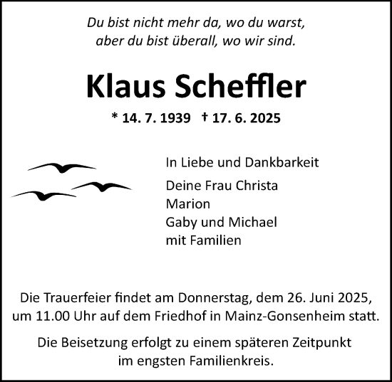 Traueranzeige von Klaus Scheffler von Allgemeine Zeitung Mainz