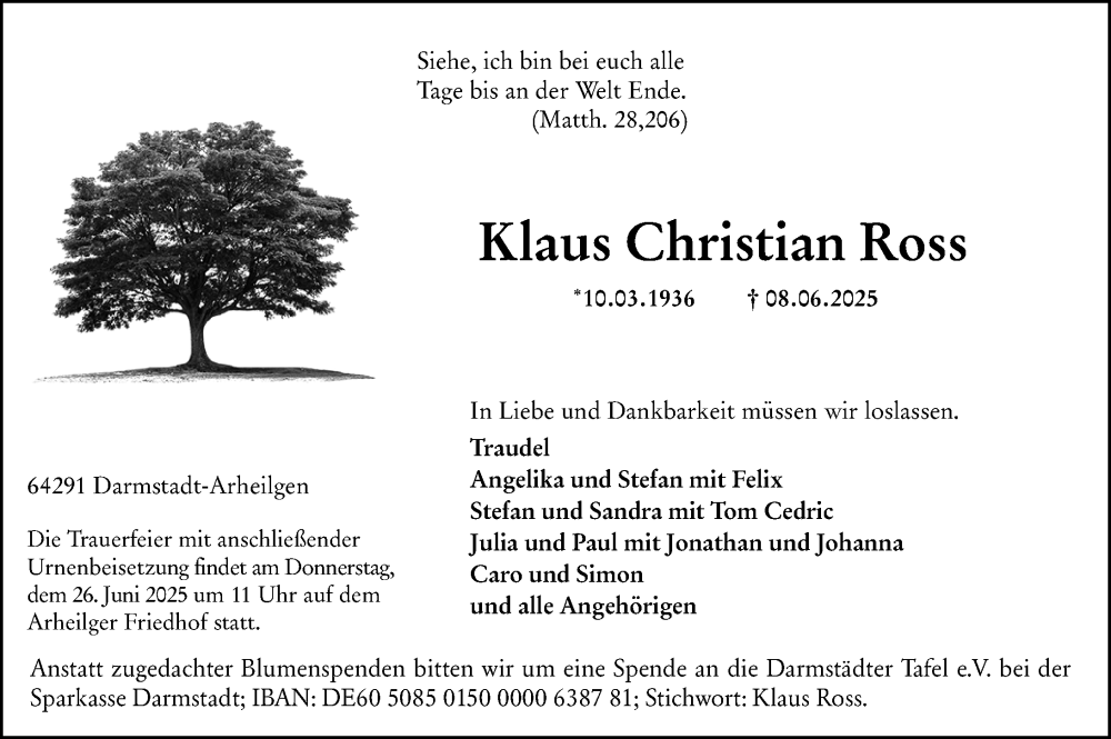  Traueranzeige für Klaus Christian Ross vom 14.06.2025 aus Darmstädter Echo