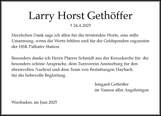 Traueranzeige von Larry Horst Gethöffer von Wiesbadener Kurier