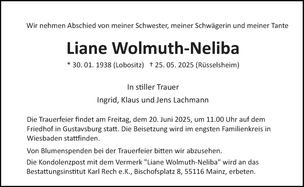  Traueranzeige für Liane Wolmuth-Neliba vom 14.06.2025 aus Rüsselsheimer Echo