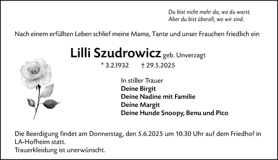 Traueranzeige von Lilli Szudrowicz von Starkenburger Echo