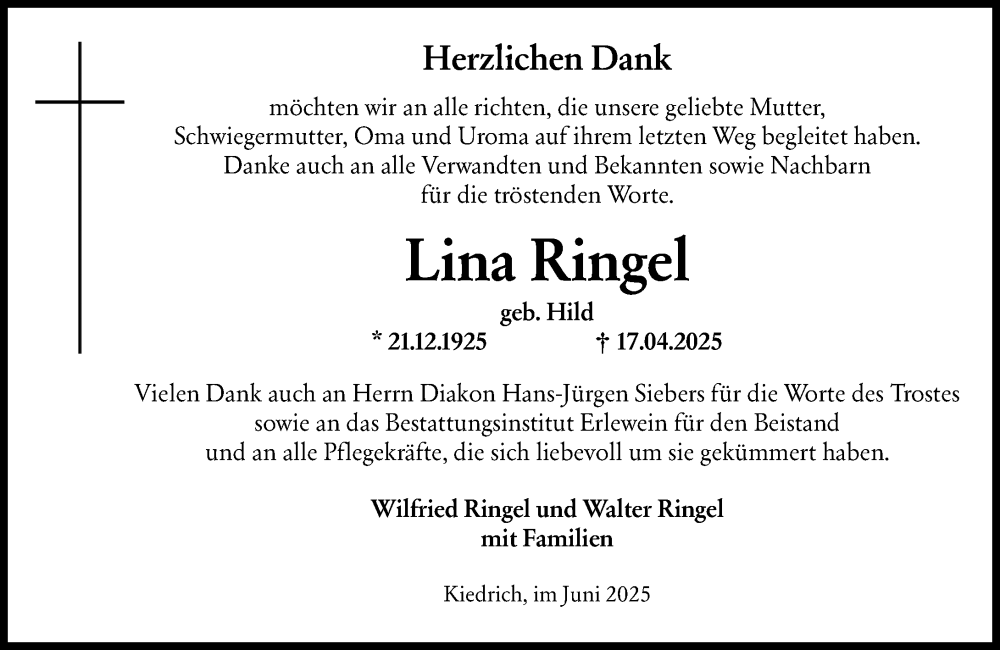  Traueranzeige für Lina Ringel vom 07.06.2025 aus Rheingau Kurier