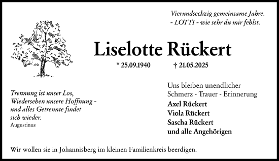 Traueranzeige von Liselotte Rückert von Rheingau Kurier
