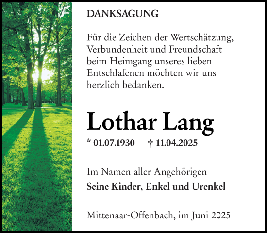 Traueranzeige von Lothar Lang von Dill Block