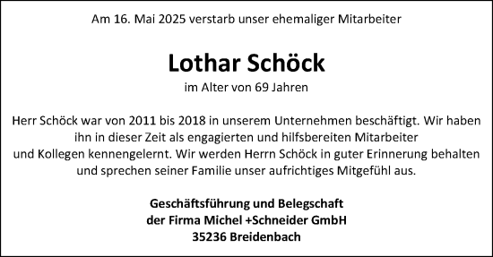 Traueranzeige von Lothar Schöck von Hinterländer Anzeiger