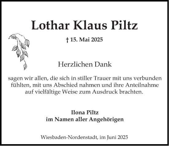 Traueranzeige von Lothar Klaus Piltz von Wiesbadener Kurier