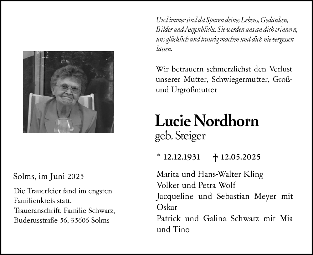 Traueranzeige für Lucie Nordhorn vom 21.06.2025 aus Wetzlarer Neue Zeitung