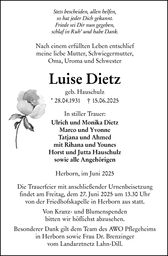 Traueranzeige von Luise Dietz von Dill Block