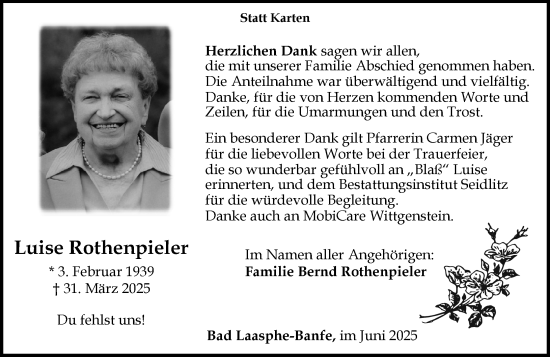 Traueranzeige von Luise Rothenpieler von Hinterländer Anzeiger