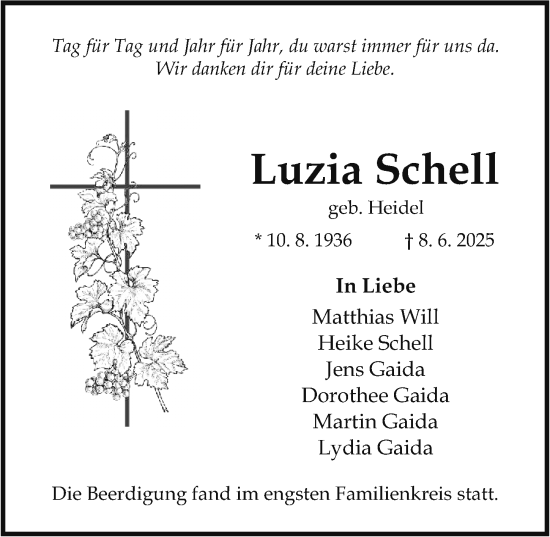 Traueranzeige von Luzia Schell von Allgemeine Zeitung Mainz
