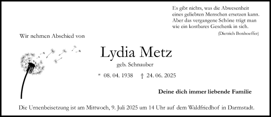 Traueranzeige von Lydia Metz von Darmstädter Echo