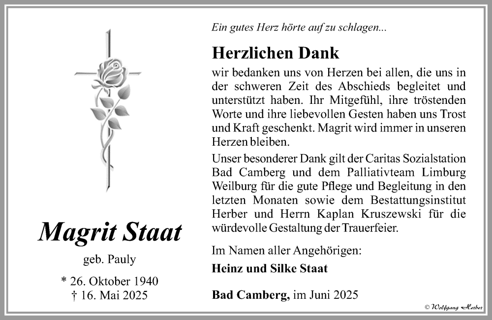  Traueranzeige für Magrit Staat vom 20.06.2025 aus Camberger Anzeiger