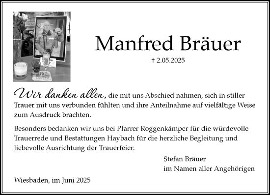 Traueranzeige von Manfred Bräuer von Wiesbadener Kurier