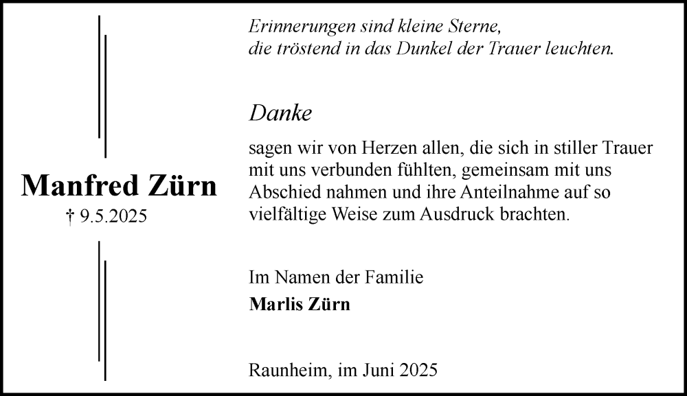 Traueranzeige für Manfred Zürn vom 14.06.2025 aus Rüsselsheimer Echo