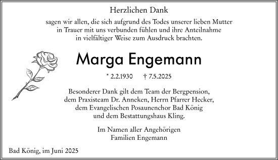 Traueranzeige von Marga Engemann von Odenwälder Echo