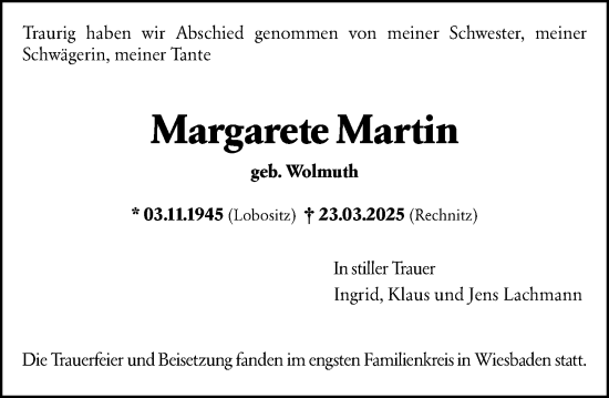 Traueranzeige von Margarete Martin von Wiesbadener Kurier