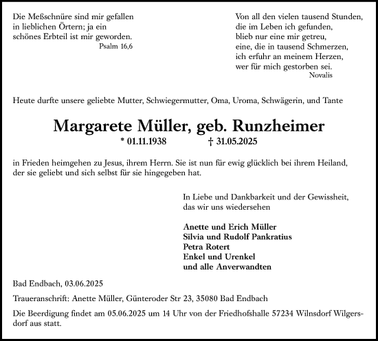 Traueranzeige von Margarete Müller von Hinterländer Anzeiger