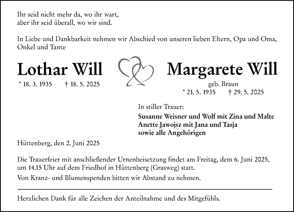  Traueranzeige für Margarete Will vom 02.06.2025 aus Wetzlarer Neue Zeitung