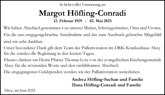 Traueranzeige von Margot Höfling-Conradi von Allgemeine Zeitung Alzey