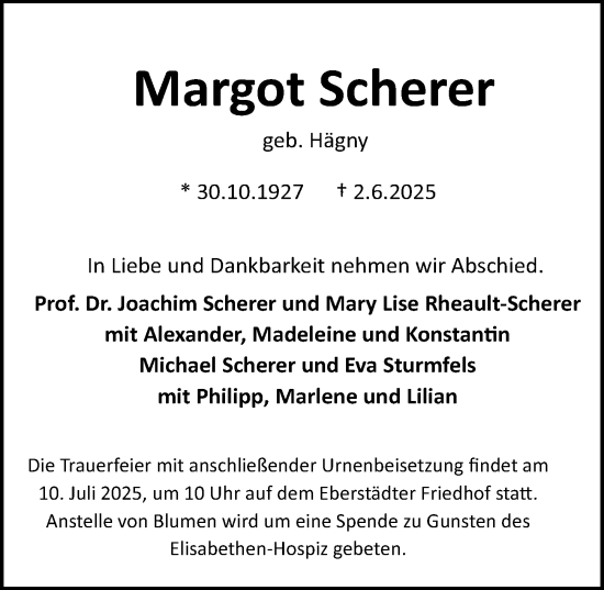 Traueranzeige von Margot Scherer von Darmstädter Echo