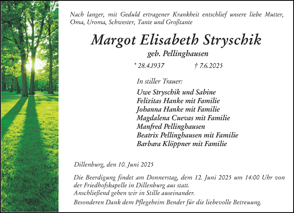  Traueranzeige für Margot Elisabeth Stryschik vom 10.06.2025 aus Dill Block