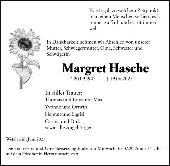 Traueranzeige von Margret Hasche von Wetzlarer Neue Zeitung