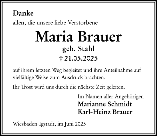 Traueranzeige von Maria Brauer von Wiesbadener Kurier