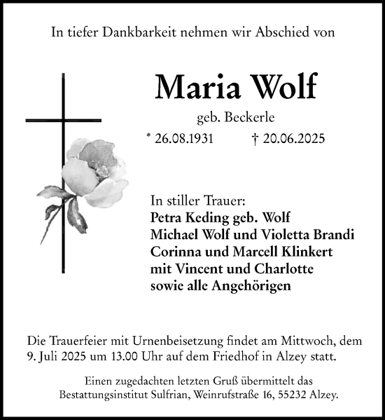 Traueranzeige von Maria Wolf von Allgemeine Zeitung Alzey