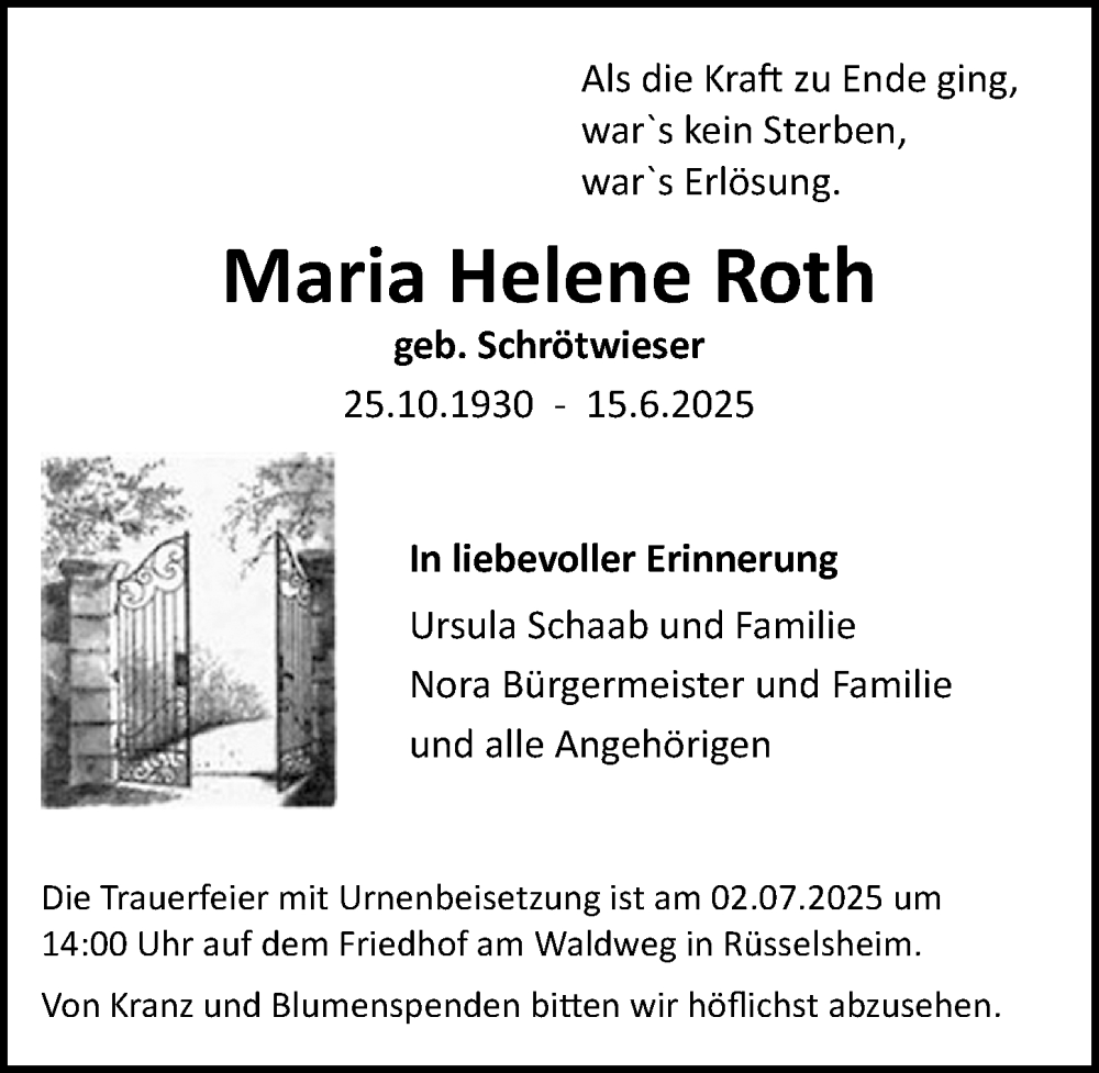  Traueranzeige für Maria Helene Roth vom 28.06.2025 aus Rüsselsheimer Echo