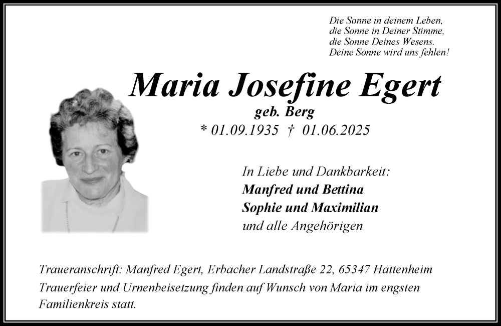  Traueranzeige für Maria Josefine Egert vom 14.06.2025 aus Wiesbadener Kurier